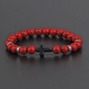 Red Beaded Bracelet with Black Cross Men’s Women’s Unisex